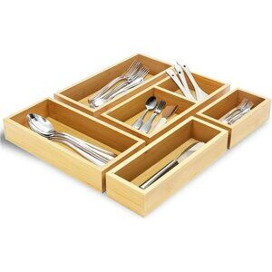 Bamboo drawer organizer set of 5 wooden storage trays kitchen desk vanity makeup